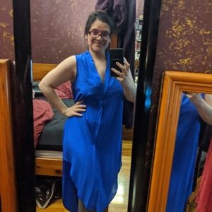 Blue silk sleeveless high-low dress